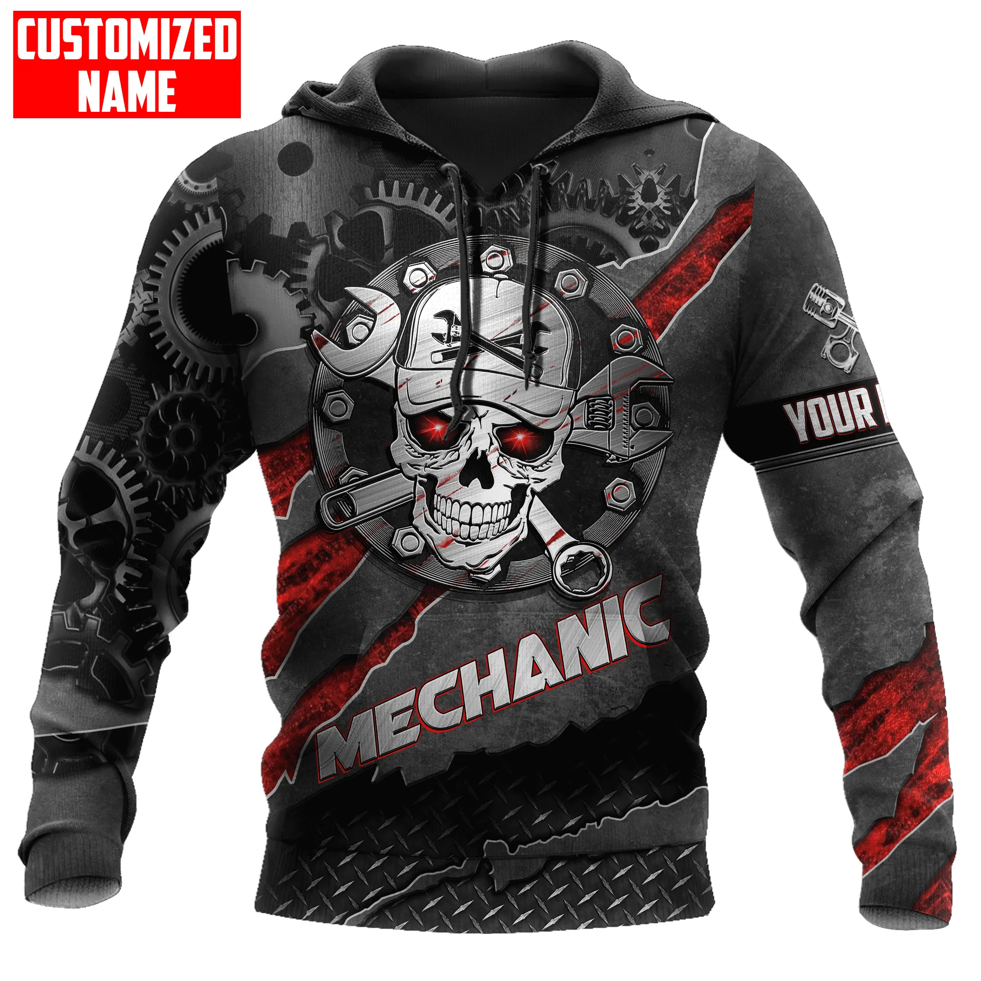 Personalized American Mechanic Skull Printed Hoodie Shirts, Custom Name Skull Mechanic Shirt