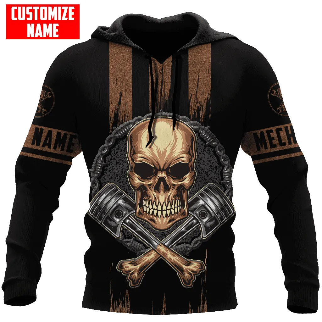 Personalized American Mechanic Skull Printed Hoodie Shirts, Custom Name Skull Mechanic Shirt