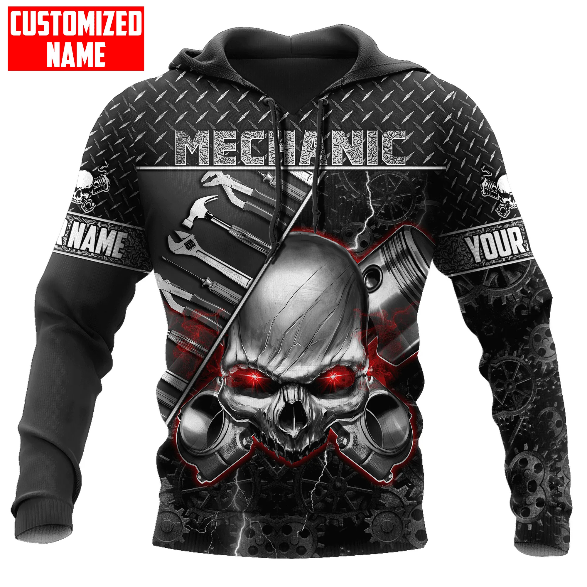 Personalized American Mechanic Skull Printed Hoodie Shirts, Custom Name Skull Mechanic Shirt