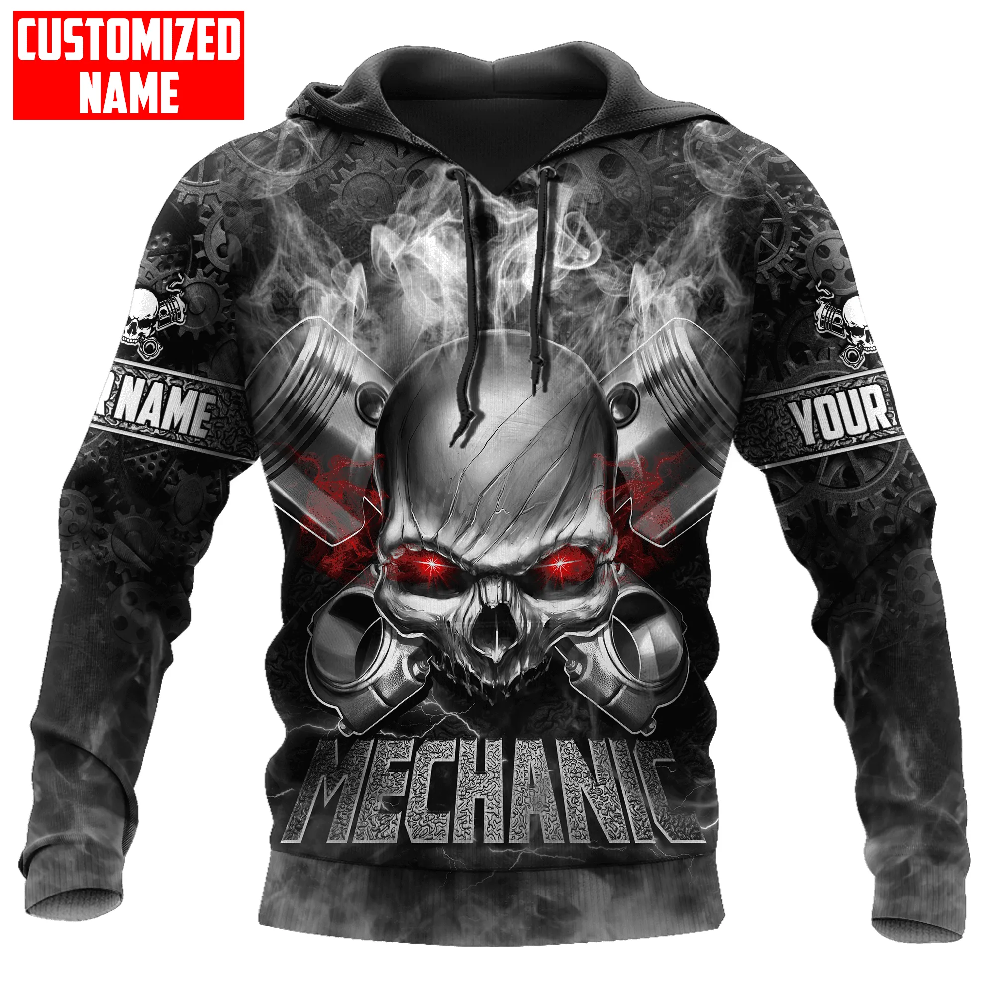 Personalized American Mechanic Skull Printed Hoodie Shirts, Custom Name Skull Mechanic Shirt