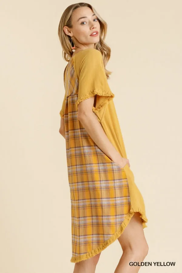 Plaid Print Back Dress, Golden Yellow