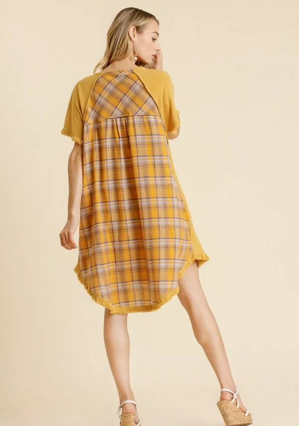 Plaid Print Back Dress, Golden Yellow