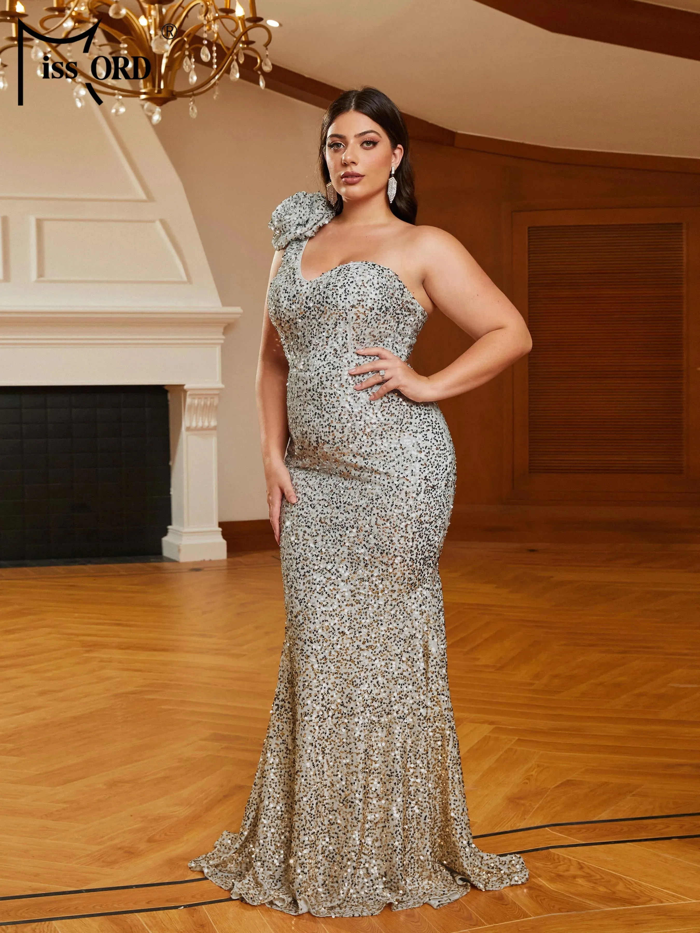 Plus Size Sequin Evening Dress One Shoulder Bodcyon Mermaid Party Gown