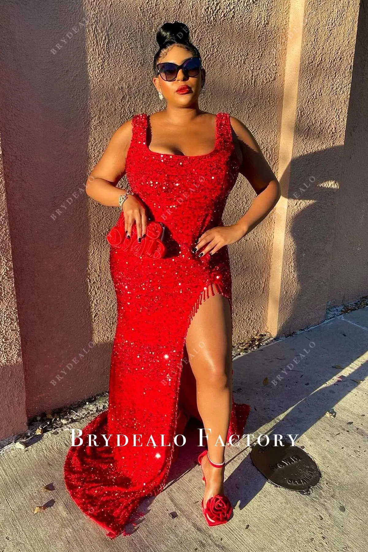 Red Sequined Square Neck Thigh Slit Prom Dress