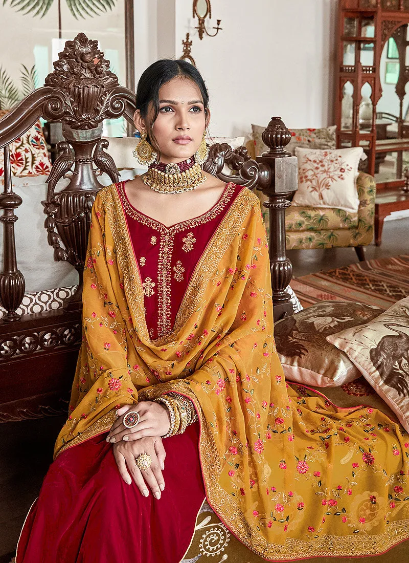 Red Velvet Embroidered Palazzo Suit