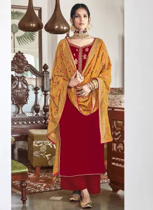 Red Velvet Embroidered Palazzo Suit