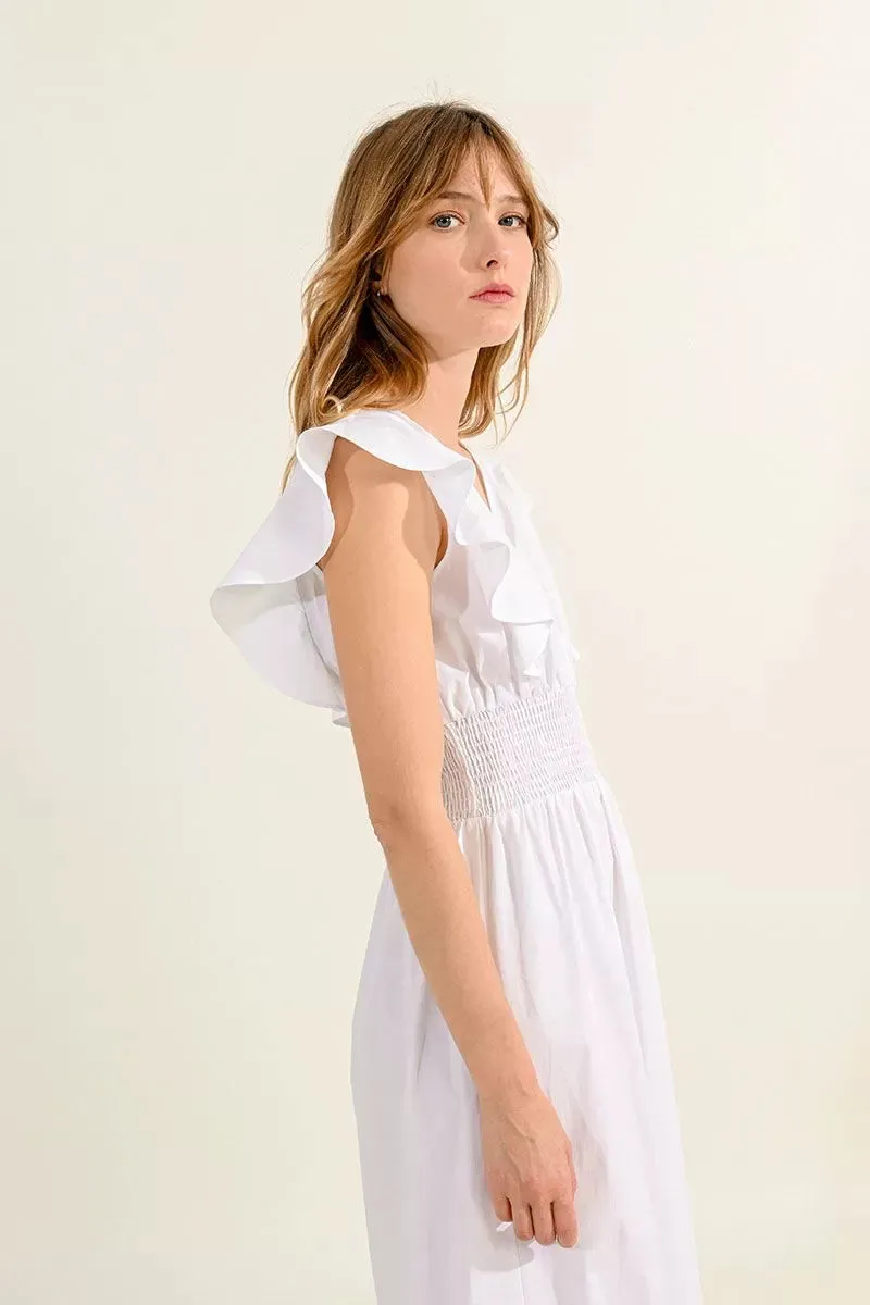 Ruffled V Neck Dress with Smocked Waist