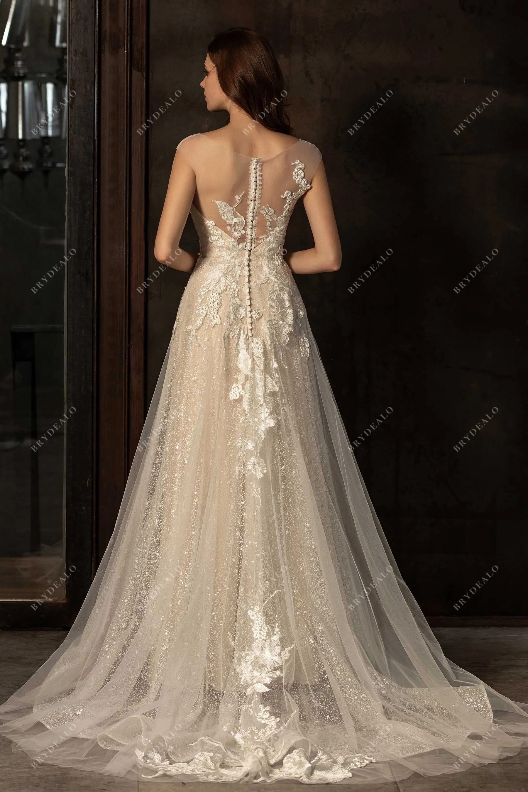 Sheer Cap Sleeve Beautiful Sequined Lace A-line Champagne Wedding Dress