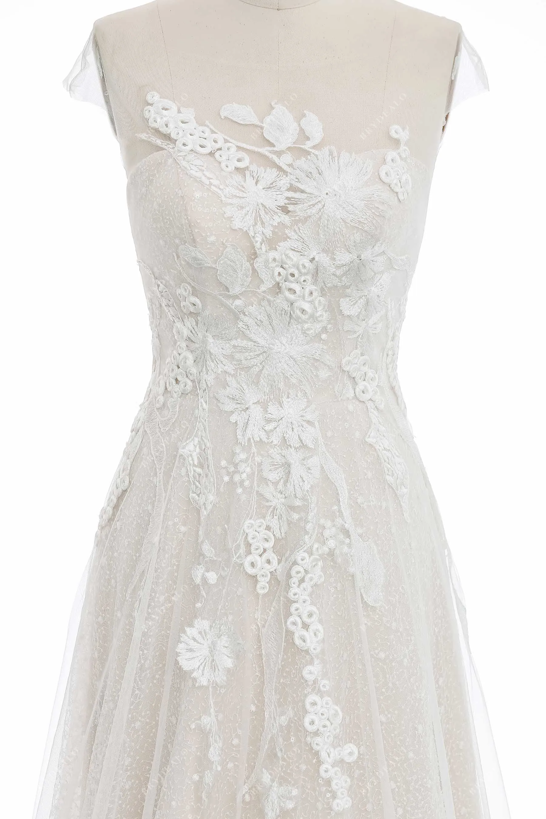 Sheer Cap Sleeve Beautiful Sequined Lace A-line Champagne Wedding Dress