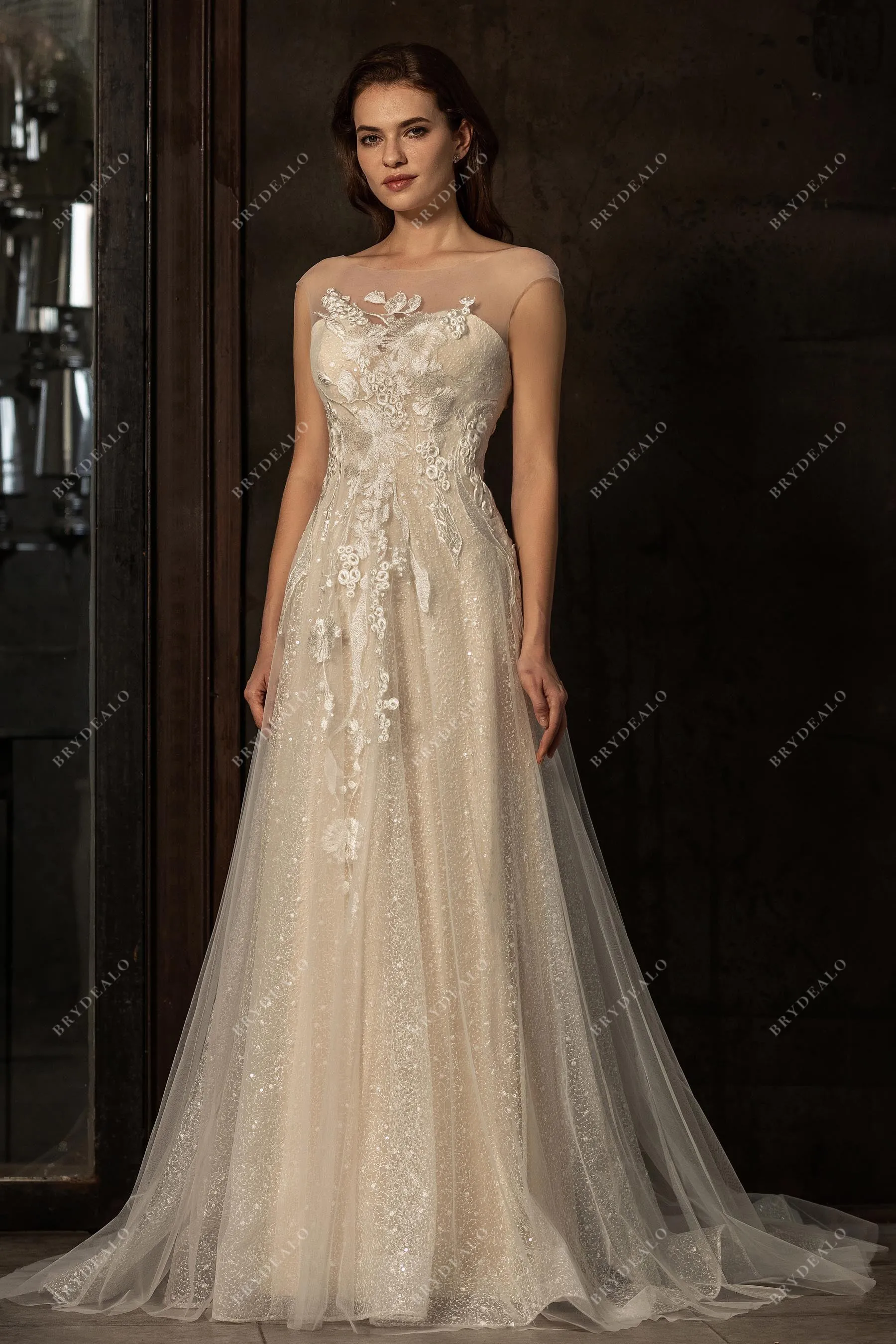 Sheer Cap Sleeve Beautiful Sequined Lace A-line Champagne Wedding Dress