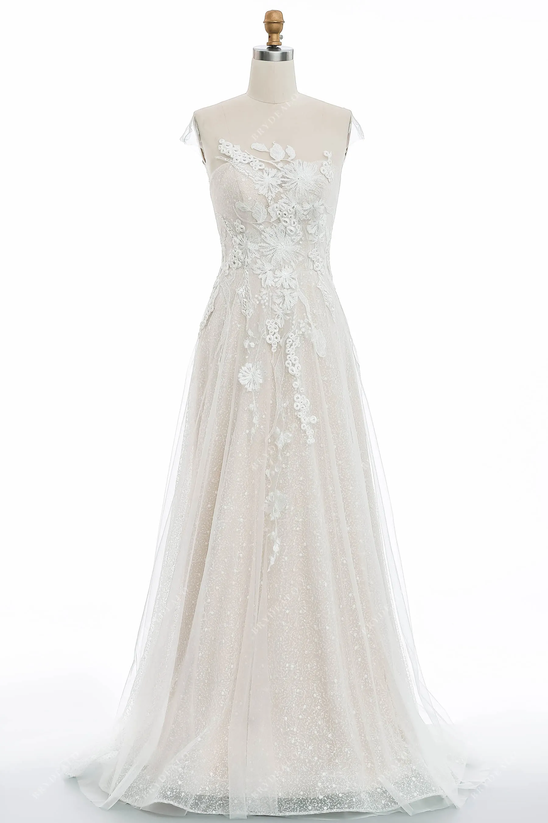 Sheer Cap Sleeve Beautiful Sequined Lace A-line Champagne Wedding Dress