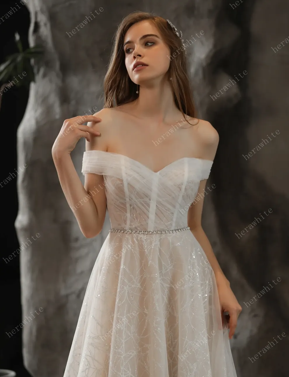 Shimmer Off-The-Shoulder Neckline A-line Tulle Wedding Dress