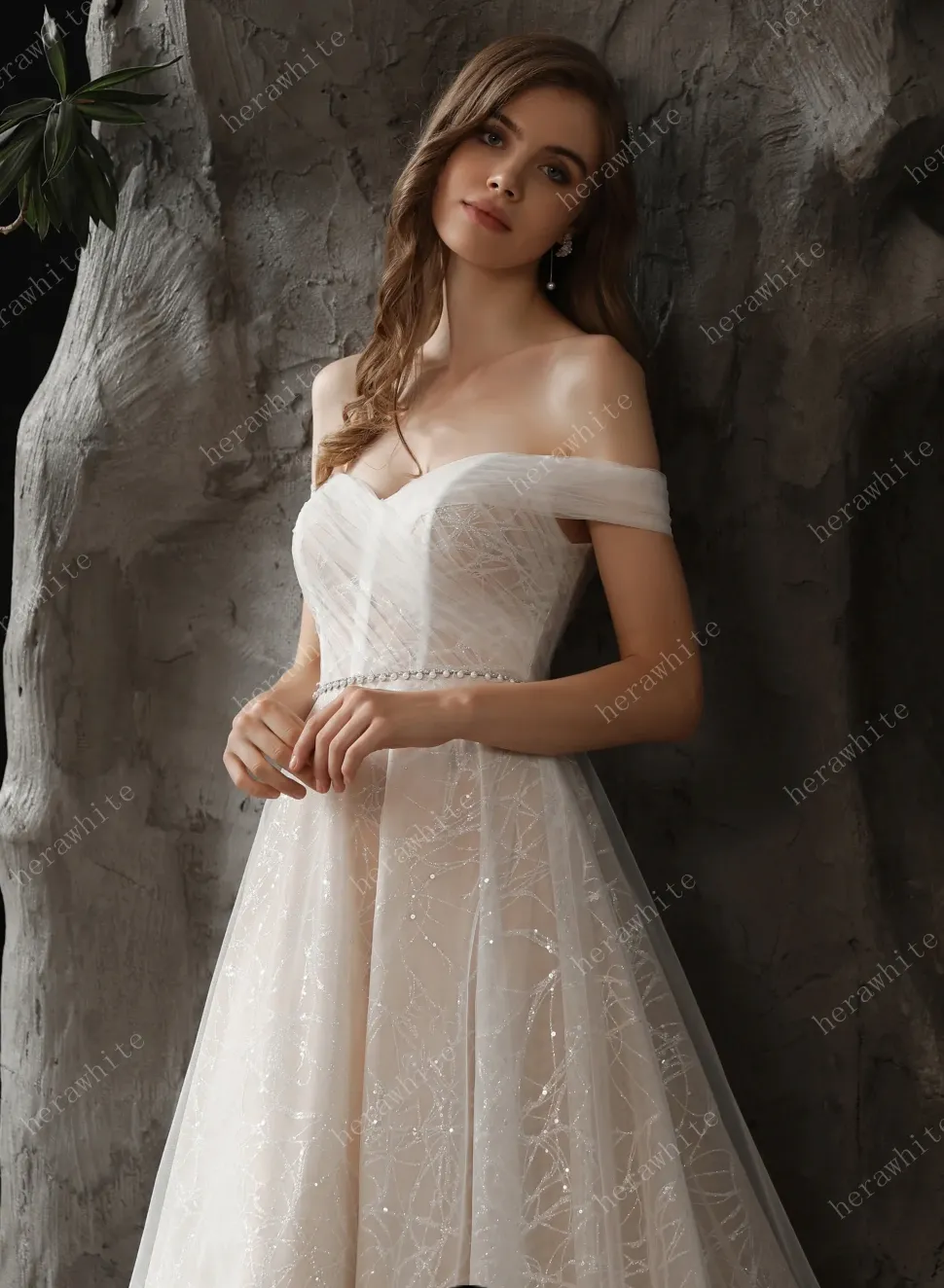 Shimmer Off-The-Shoulder Neckline A-line Tulle Wedding Dress