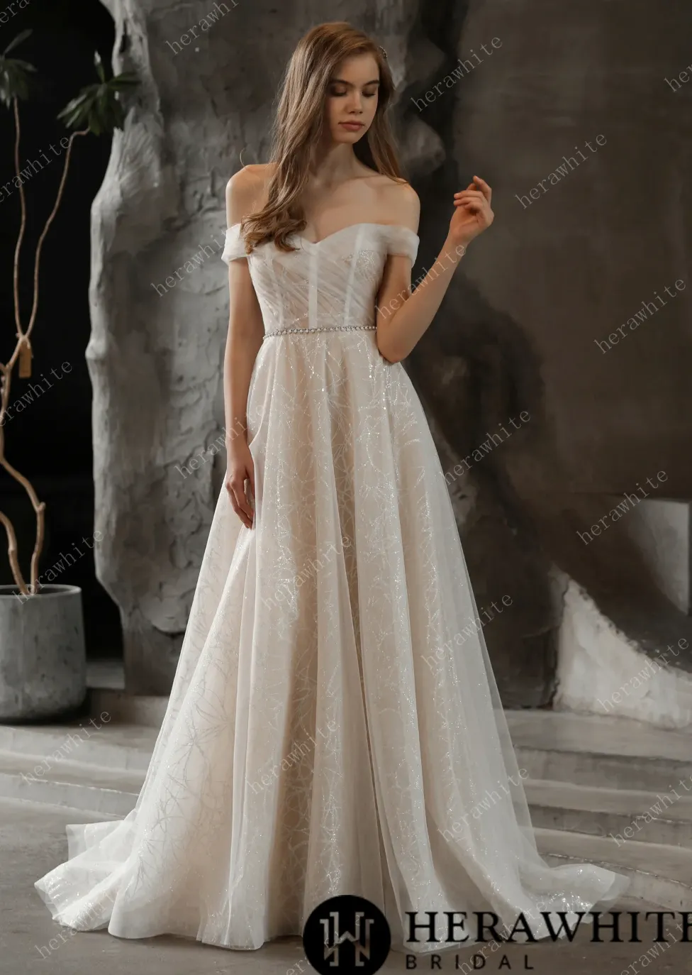 Shimmer Off-The-Shoulder Neckline A-line Tulle Wedding Dress