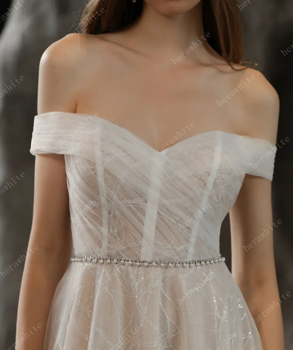 Shimmer Off-The-Shoulder Neckline A-line Tulle Wedding Dress