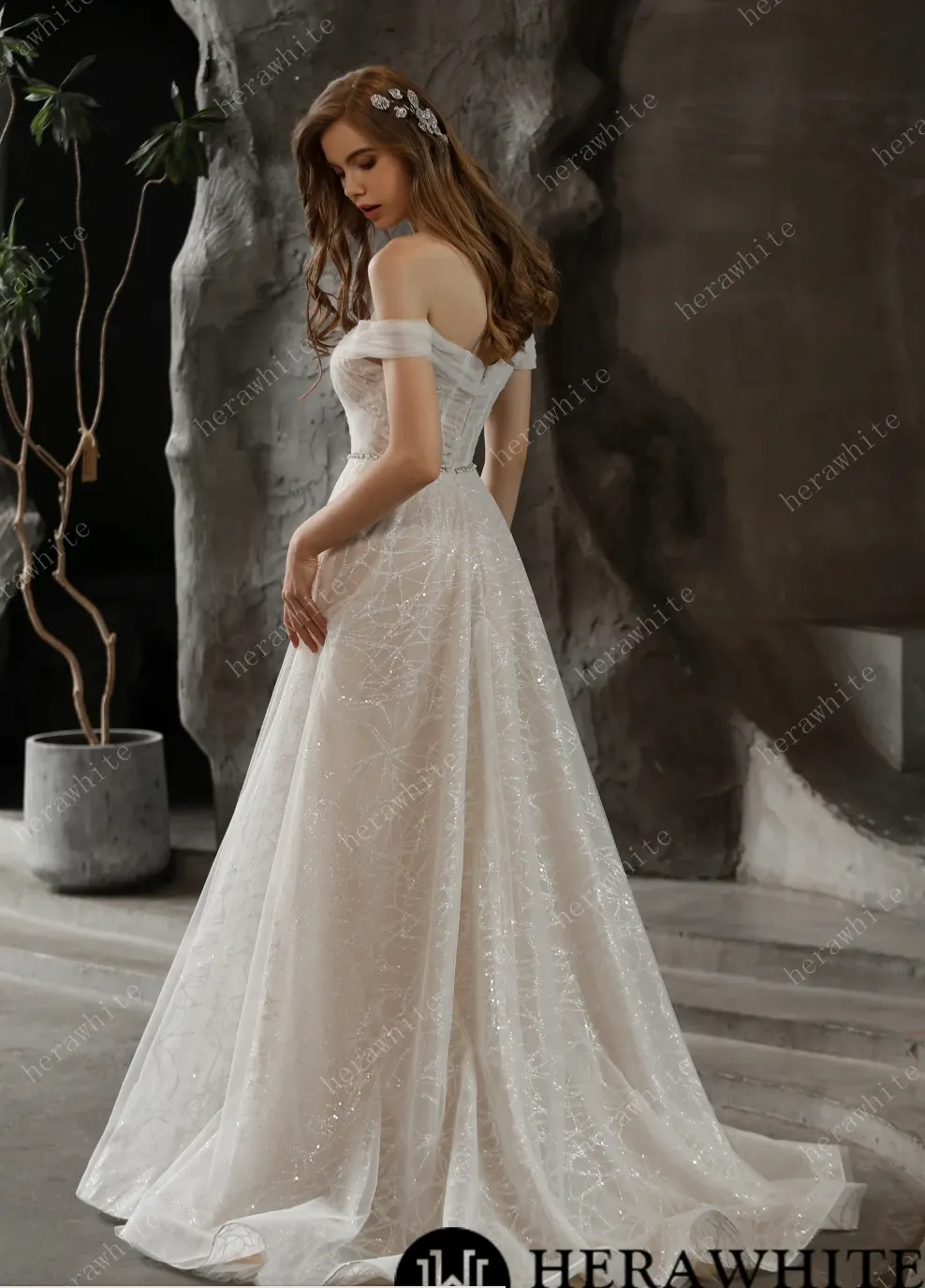 Shimmer Off-The-Shoulder Neckline A-line Tulle Wedding Dress