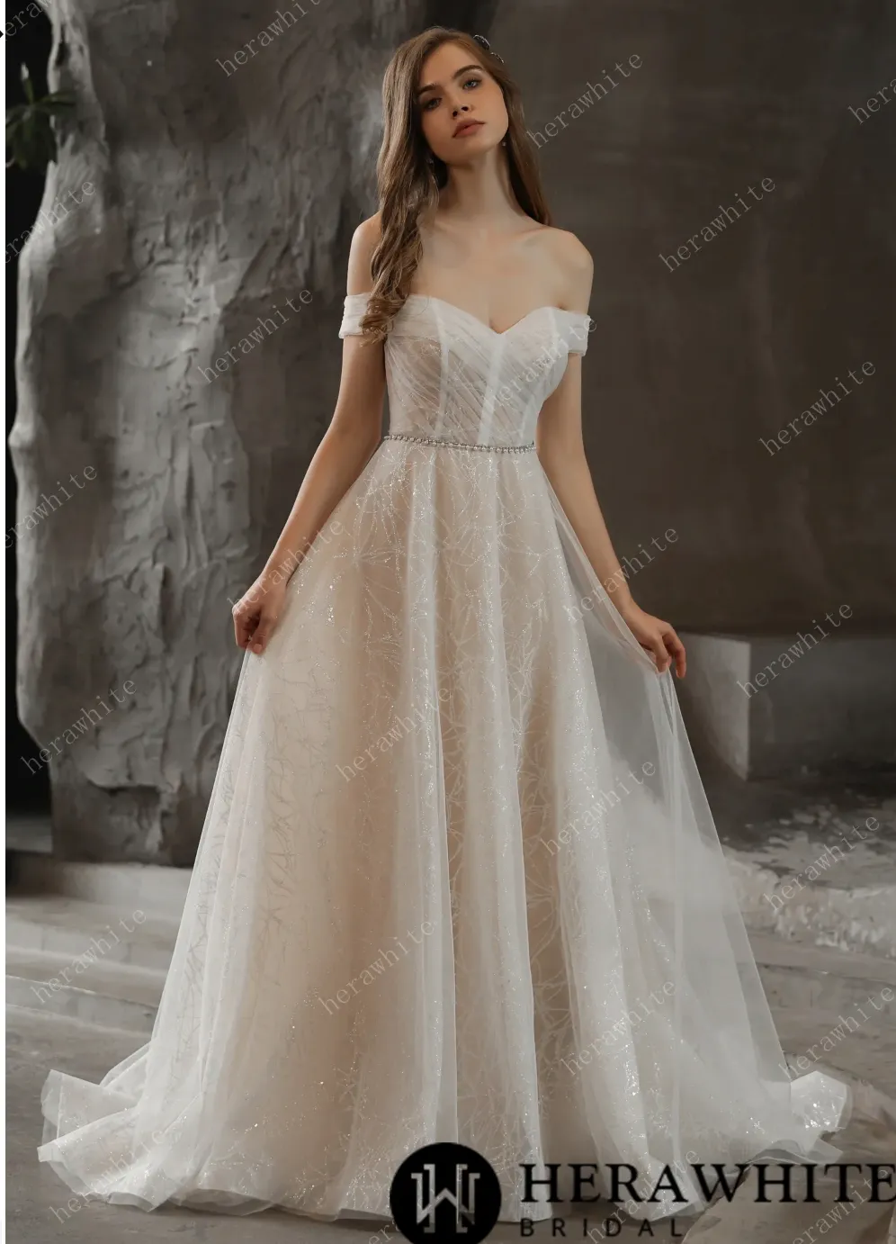 Shimmer Off-The-Shoulder Neckline A-line Tulle Wedding Dress