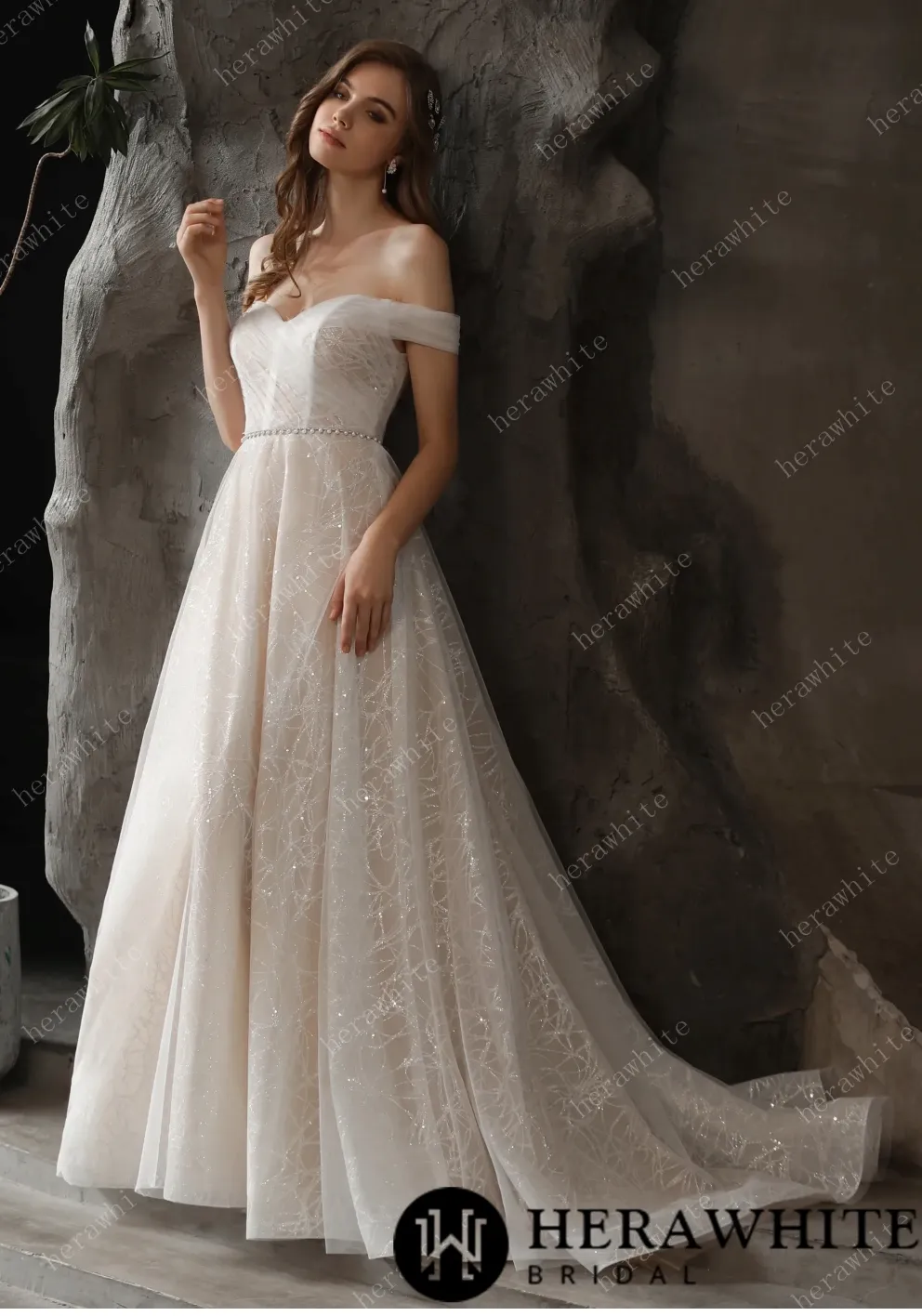 Shimmer Off-The-Shoulder Neckline A-line Tulle Wedding Dress