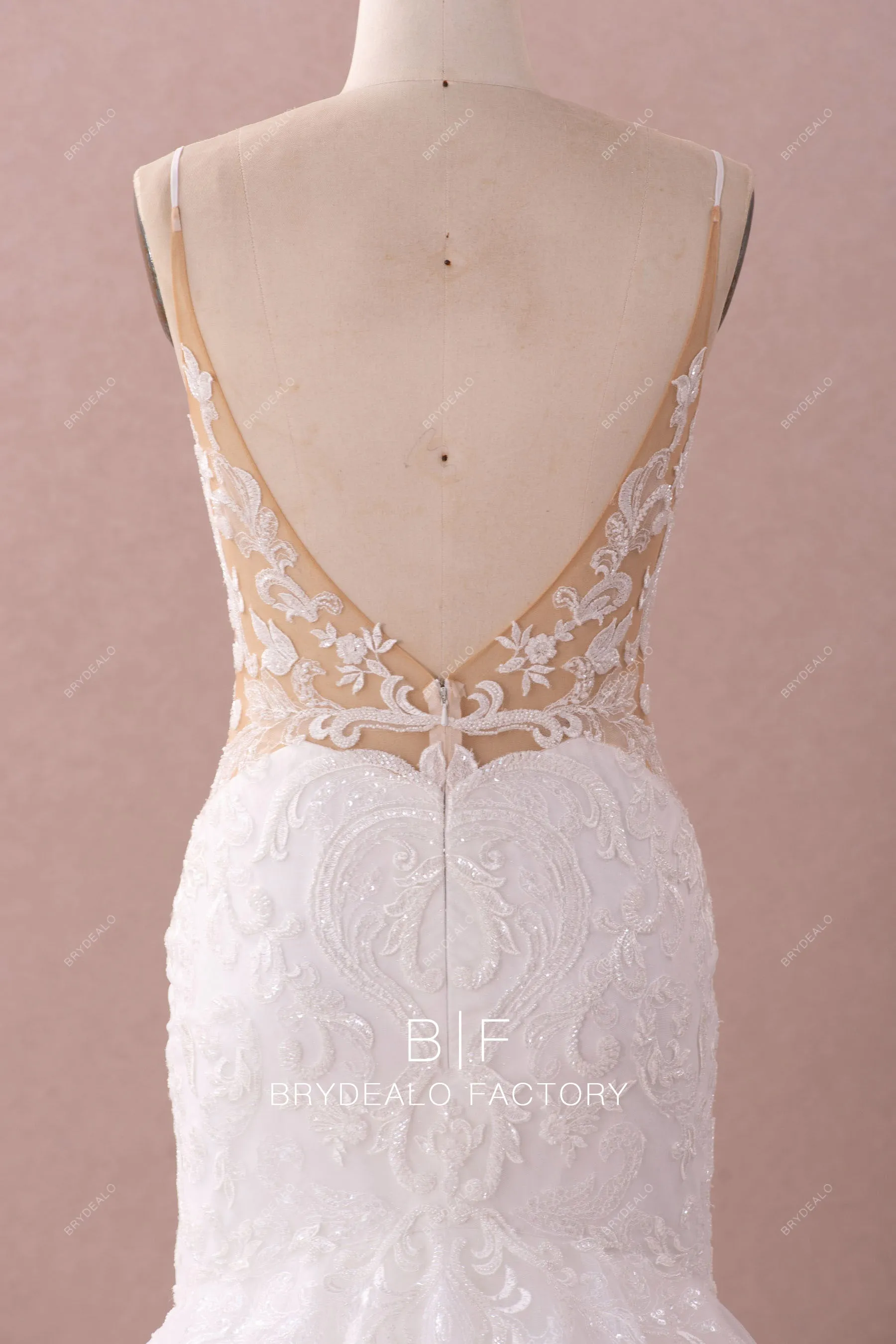 Shimmery Plunging Designer Open Back Lace Trumpet Wedding Dress