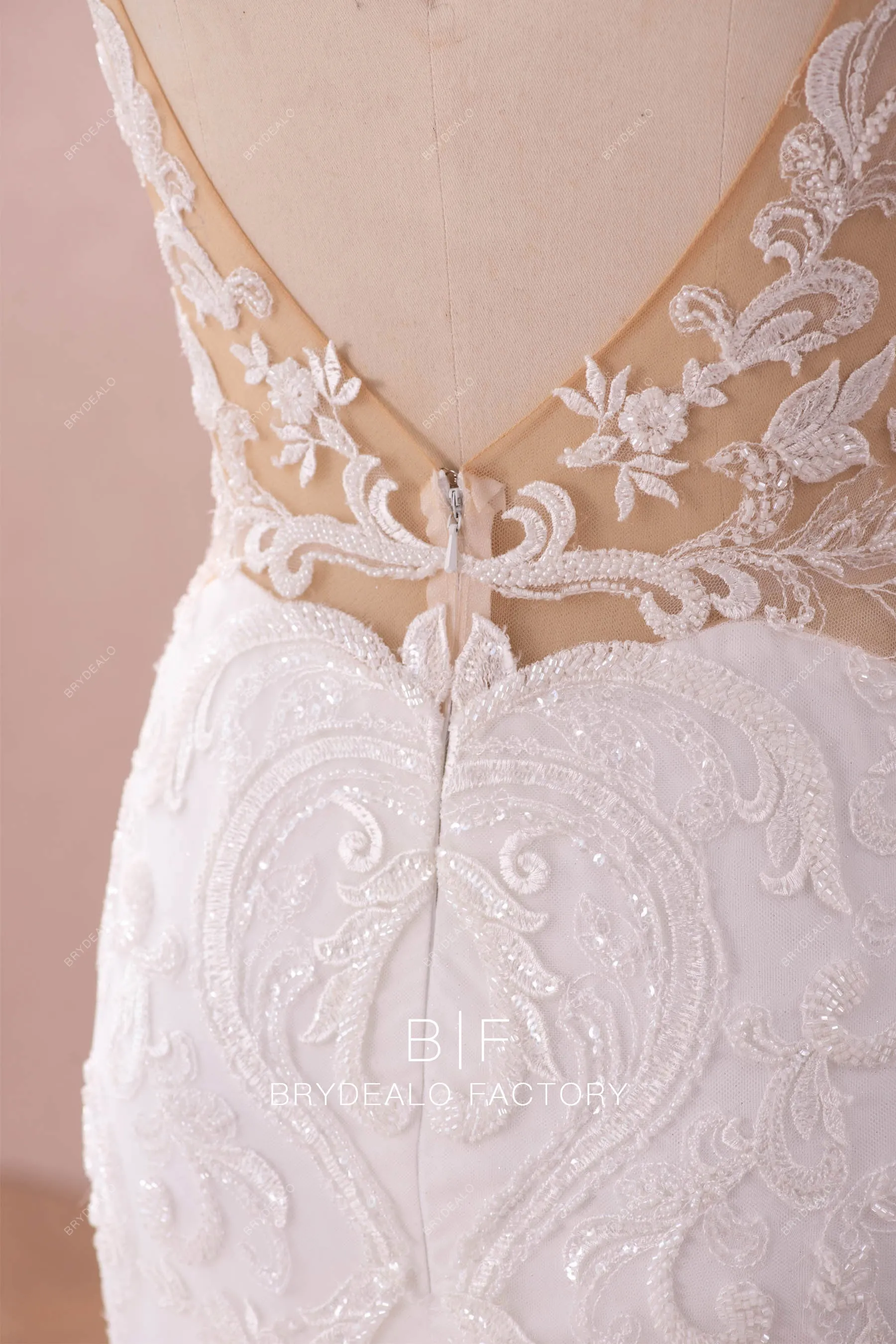 Shimmery Plunging Designer Open Back Lace Trumpet Wedding Dress