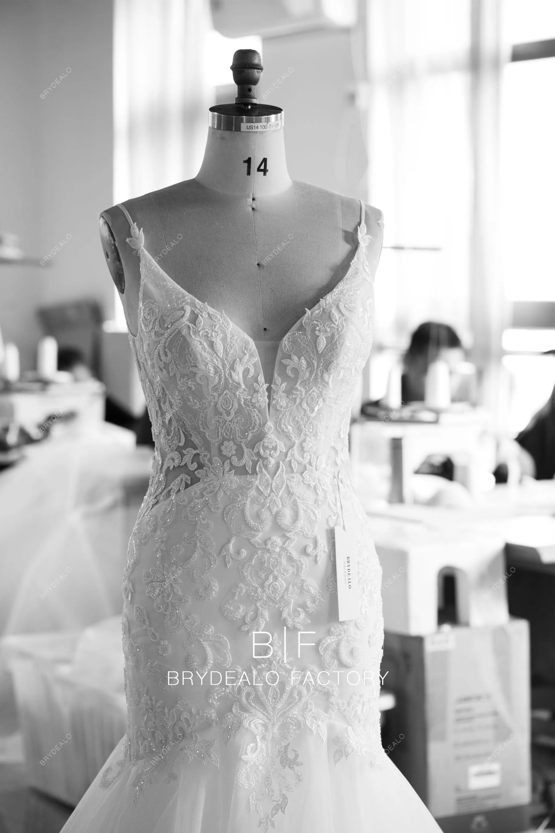 Shimmery Plunging Designer Open Back Lace Trumpet Wedding Dress