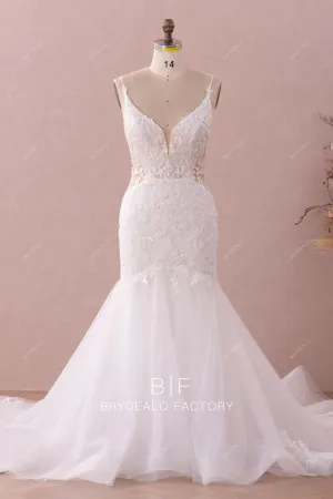 Shimmery Plunging Designer Open Back Lace Trumpet Wedding Dress