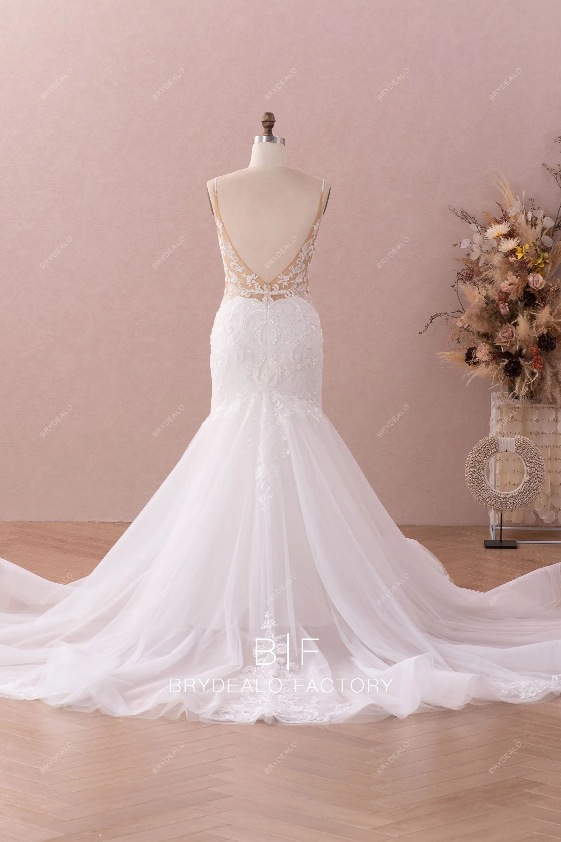 Shimmery Plunging Designer Open Back Lace Trumpet Wedding Dress