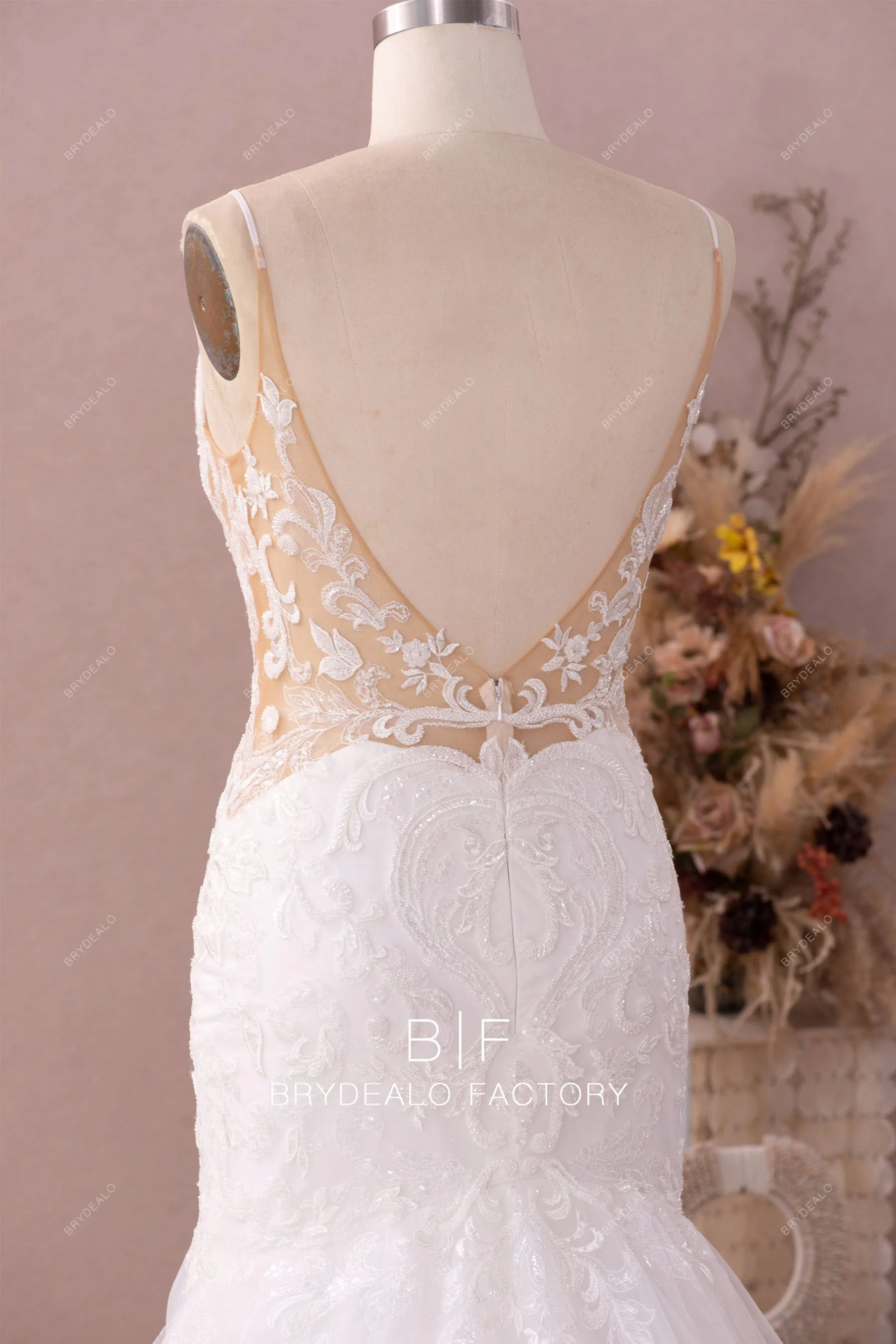 Shimmery Plunging Designer Open Back Lace Trumpet Wedding Dress