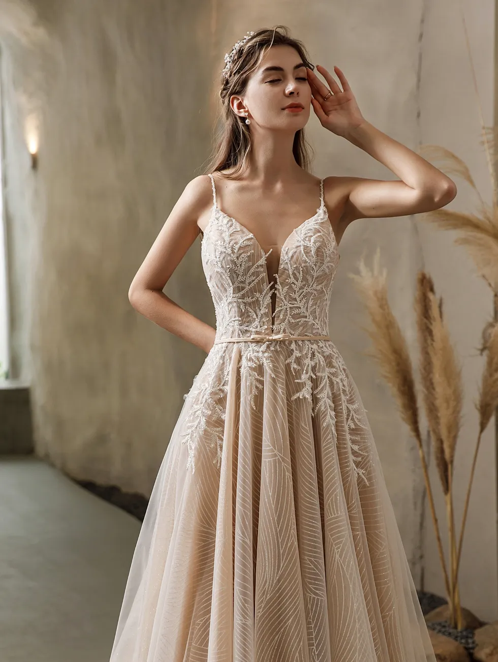 Shimmery Sequined Lace A-Line Wedding Dress With Long Train