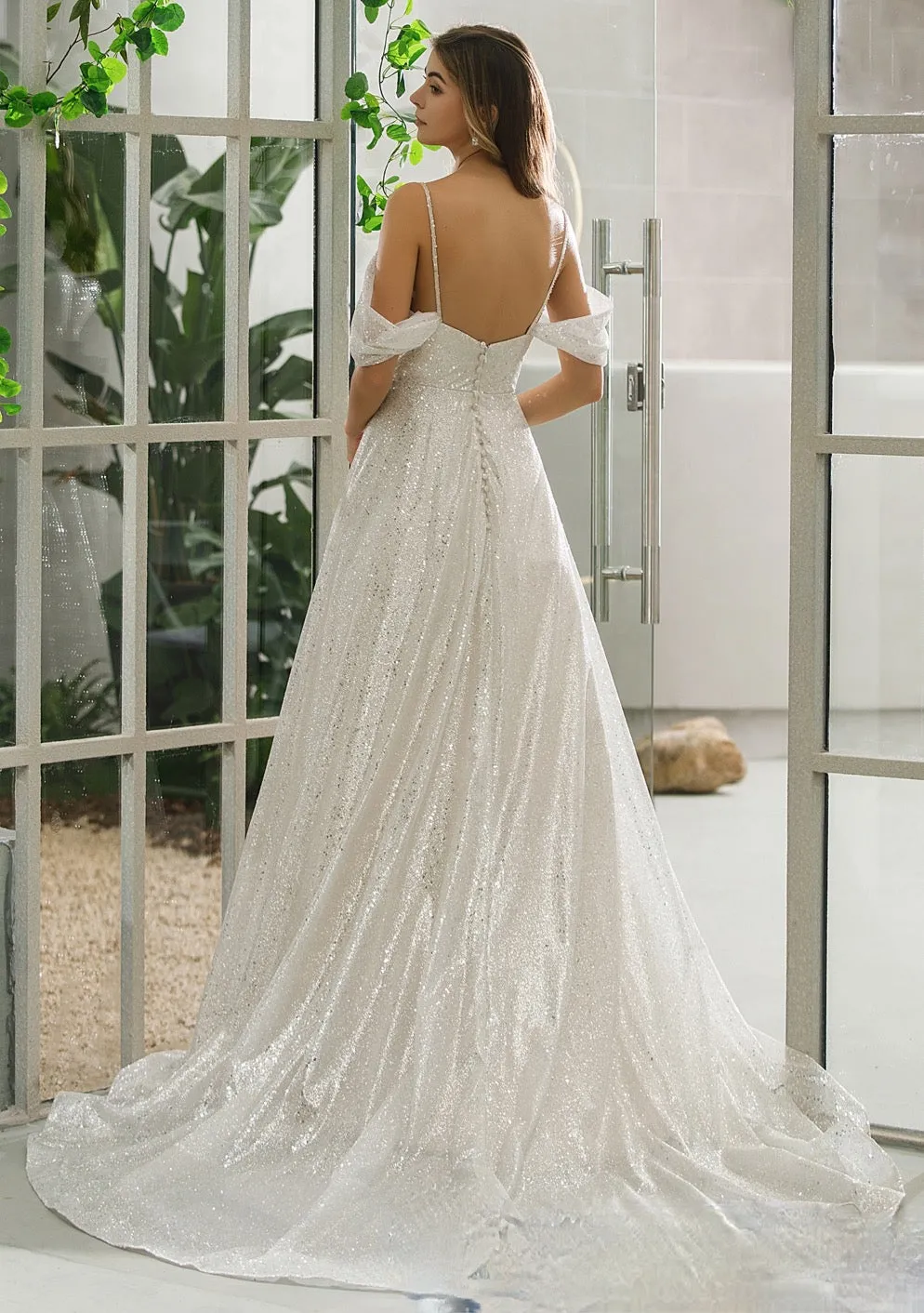 Shimmery Sequined Off-The-Shoulder A-line Bridal Gown