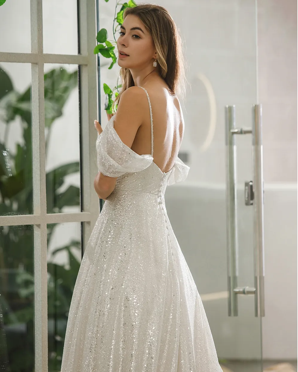 Shimmery Sequined Off-The-Shoulder A-line Bridal Gown