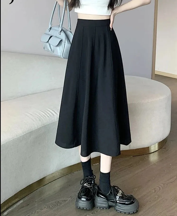 Solid Color Skirts Womens Spring Summer New Elastic Waist High A-Line Skirt Medium Length Large Swing Black Skirt Women