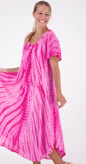 Sunheart Pretty in Pink Tie-Dye Batik Summer s/slv Dress Boho Hippie Chic Resort Wear Sml-4x 