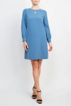 T Tahari Crew Neck Keyhole Front Balloon Long Sleeve A-Line Stretch Crepe Dress