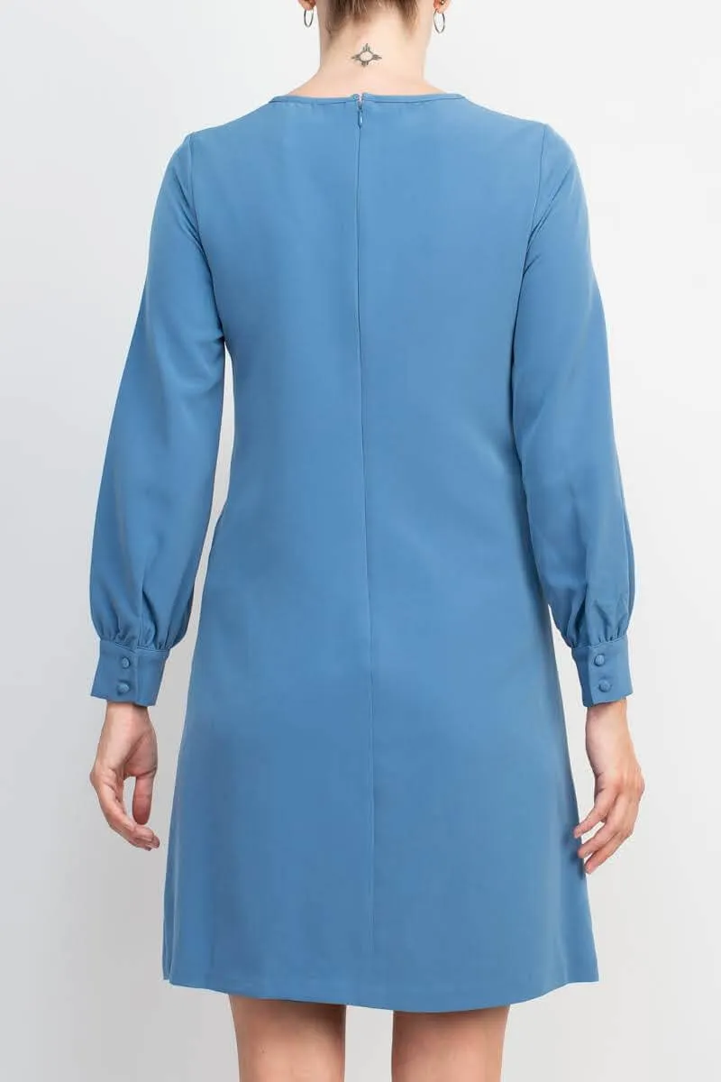 T Tahari Crew Neck Keyhole Front Balloon Long Sleeve A-Line Stretch Crepe Dress