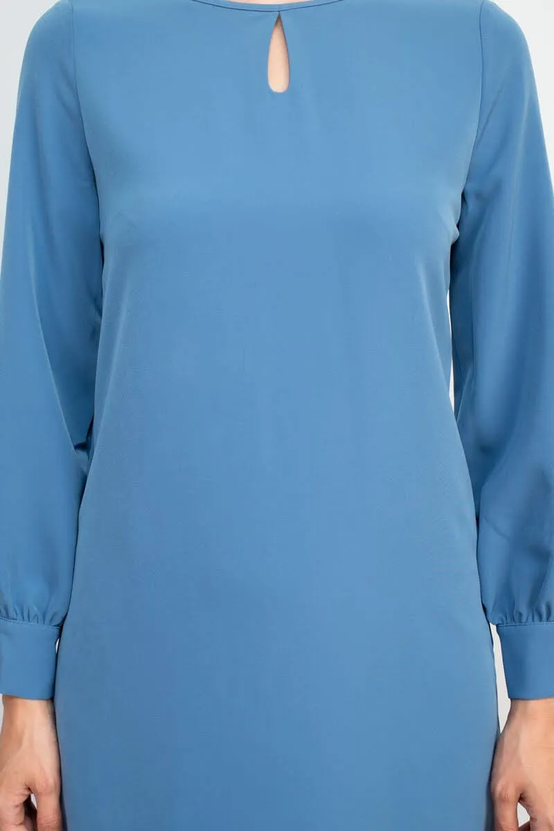 T Tahari Crew Neck Keyhole Front Balloon Long Sleeve A-Line Stretch Crepe Dress