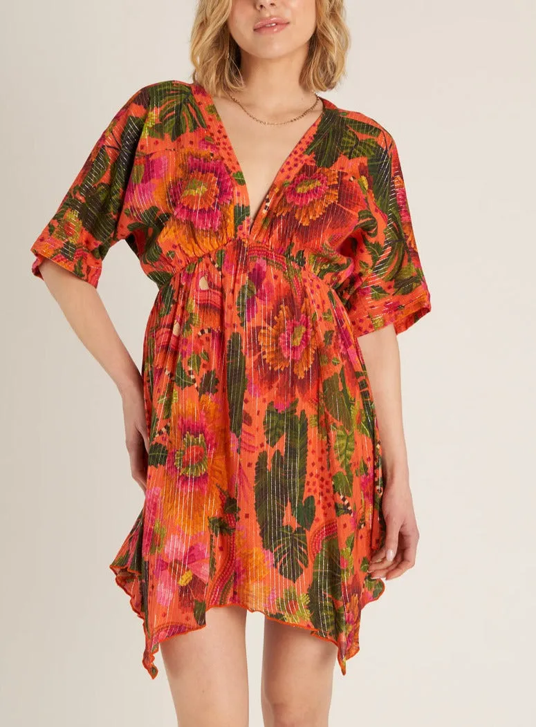 Tropical Reef V-Neck Feathered Midi Dress in Multi