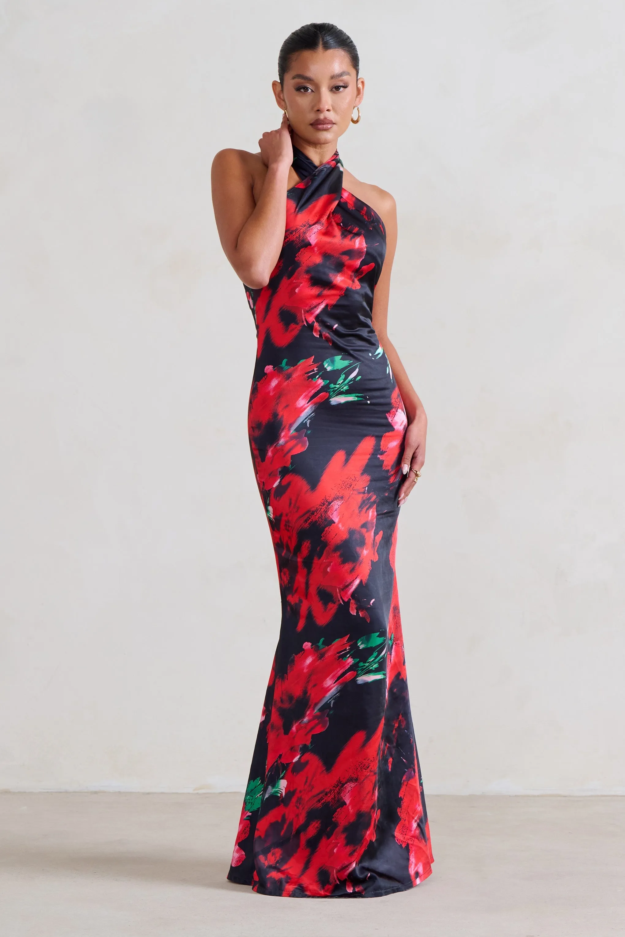 Unstoppable | Black Floral Cross Over Halter Neck Maxi Dress