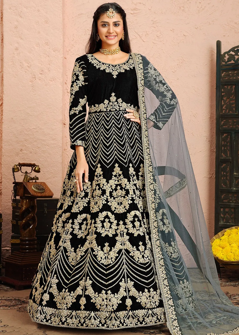 Velvet Fabric Black Embroidered Anarkali Suit