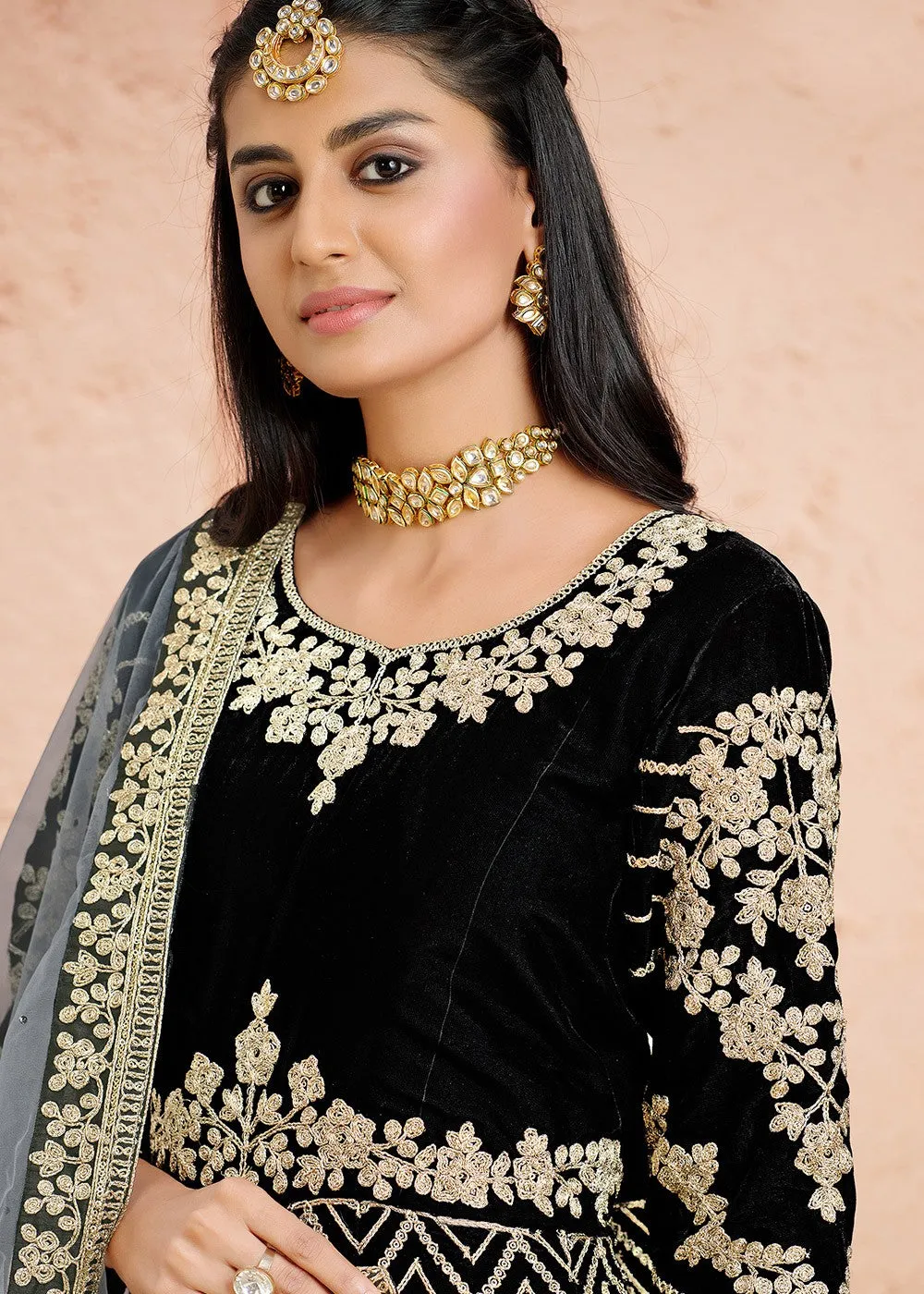 Velvet Fabric Black Embroidered Anarkali Suit