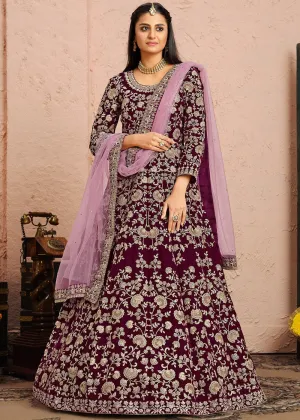 Velvet Fabric Purple Embroidered Anarkali Suit