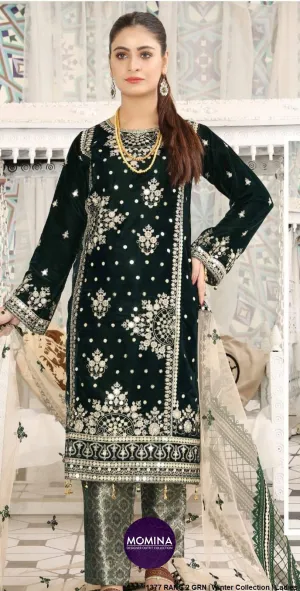 Velvet Heavy Embroidered Green 3-Piece Suit