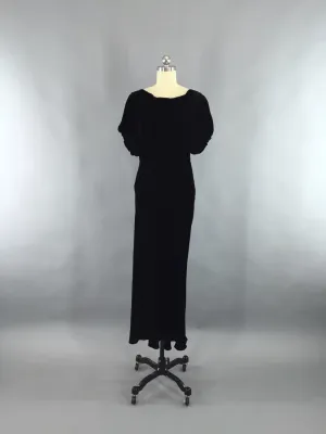 Vintage 1930s Dress / Bias Cut Dress Black Velvet Gown