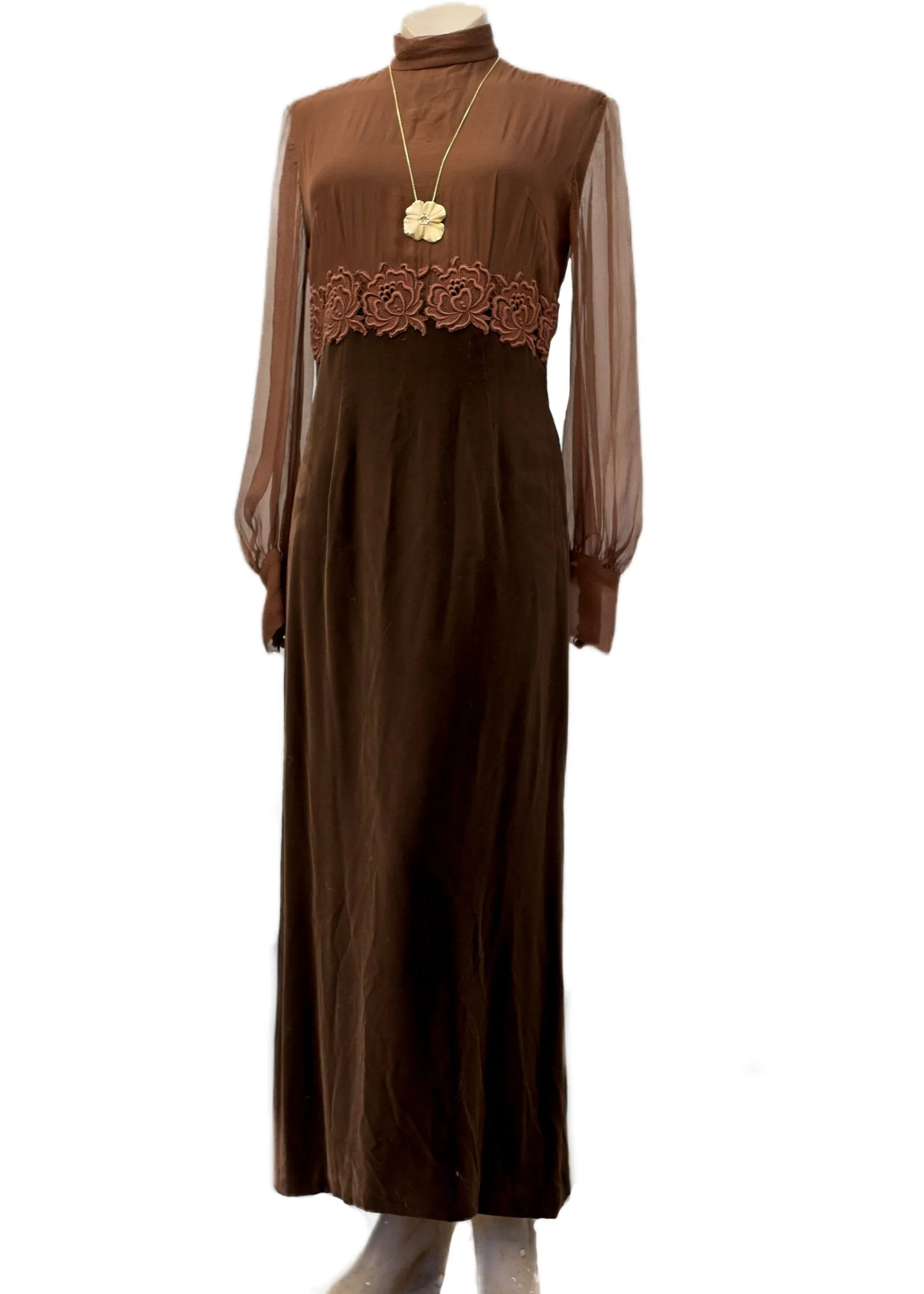 Vintage Chocolate Brown Velvet and Georgette Evening Gown