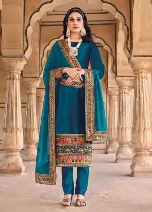 Wedding Festive Velvet Turquoise Pant Style Salwar Suit