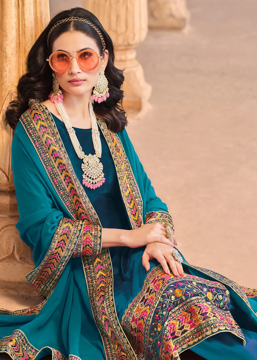 Wedding Festive Velvet Turquoise Pant Style Salwar Suit