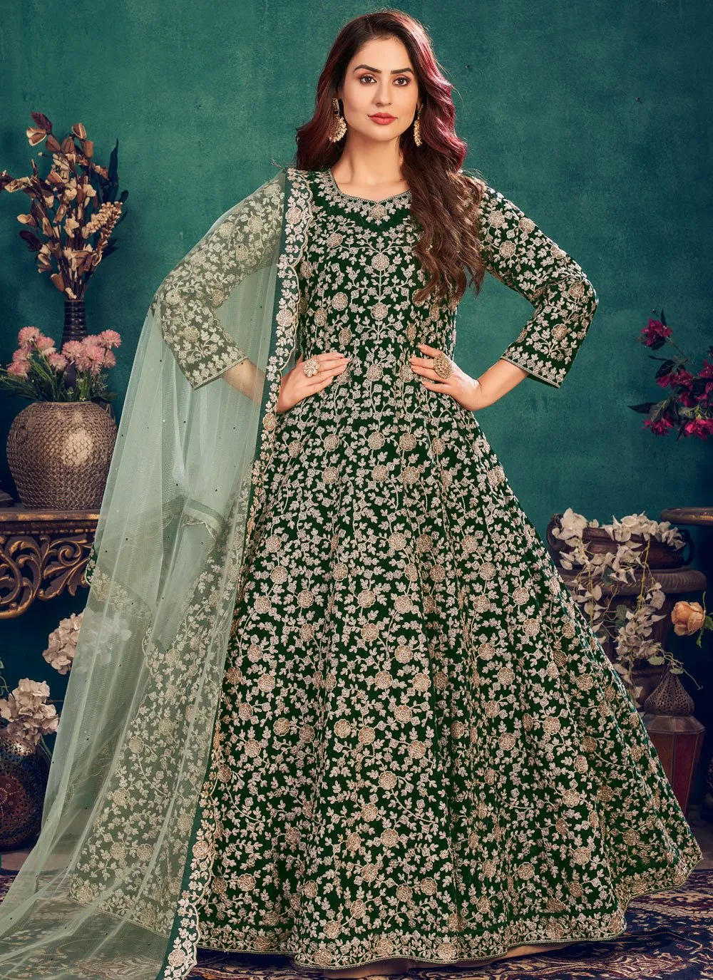 Wedding Wear Bottle Green Velvet Designer Anarkali Suit