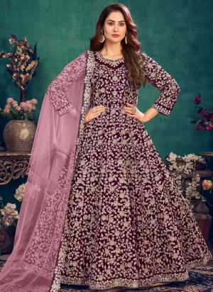 Wedding Wear Plum Purple Velvet Designer Anarkali Suit