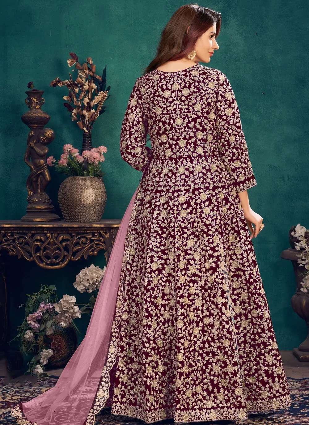 Wedding Wear Plum Purple Velvet Designer Anarkali Suit