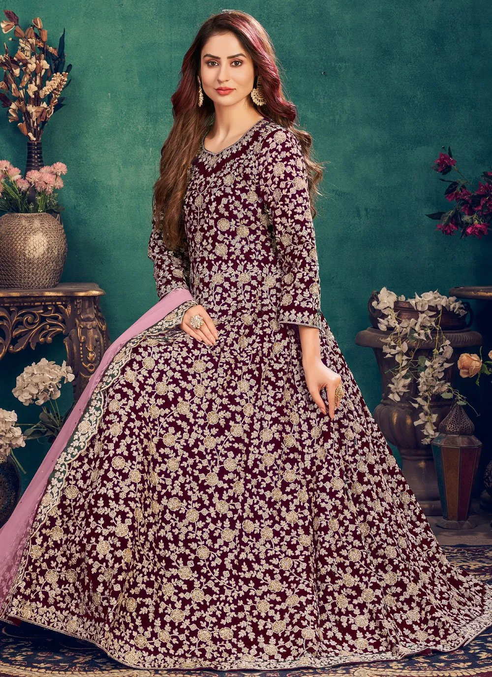 Wedding Wear Plum Purple Velvet Designer Anarkali Suit